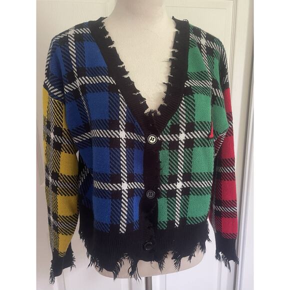 RUNWAY | Vintage Knit Varsity Cardigan Sweater | Button Up Plaid | Women Large - Picture 2 of 9